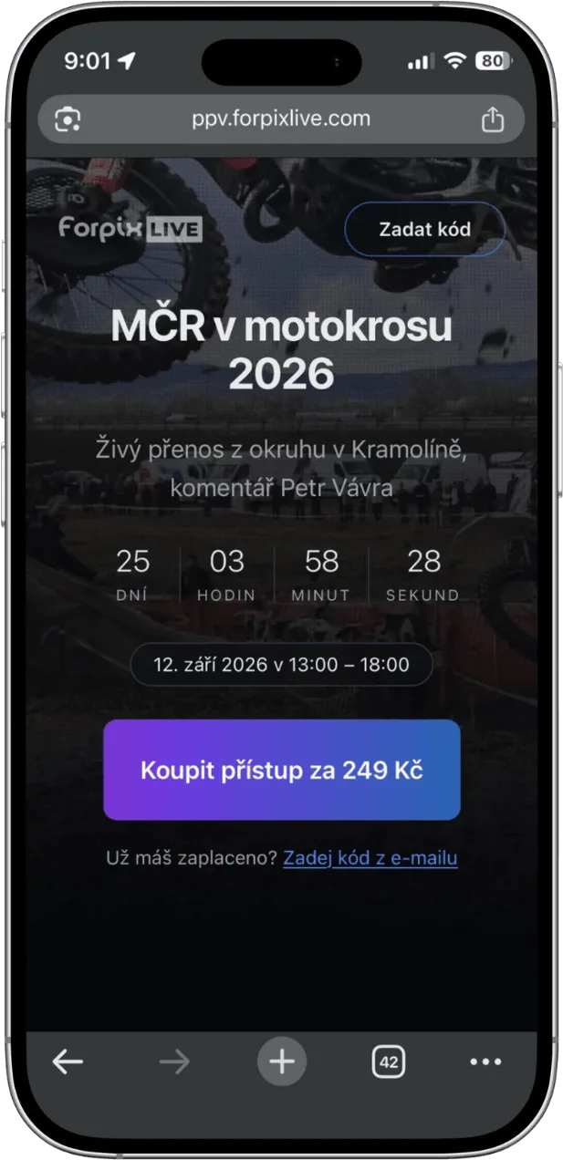 Mobilní telefon se stránkou přenosu: název akce, odpočet do startu a tlačítko Koupit přístup